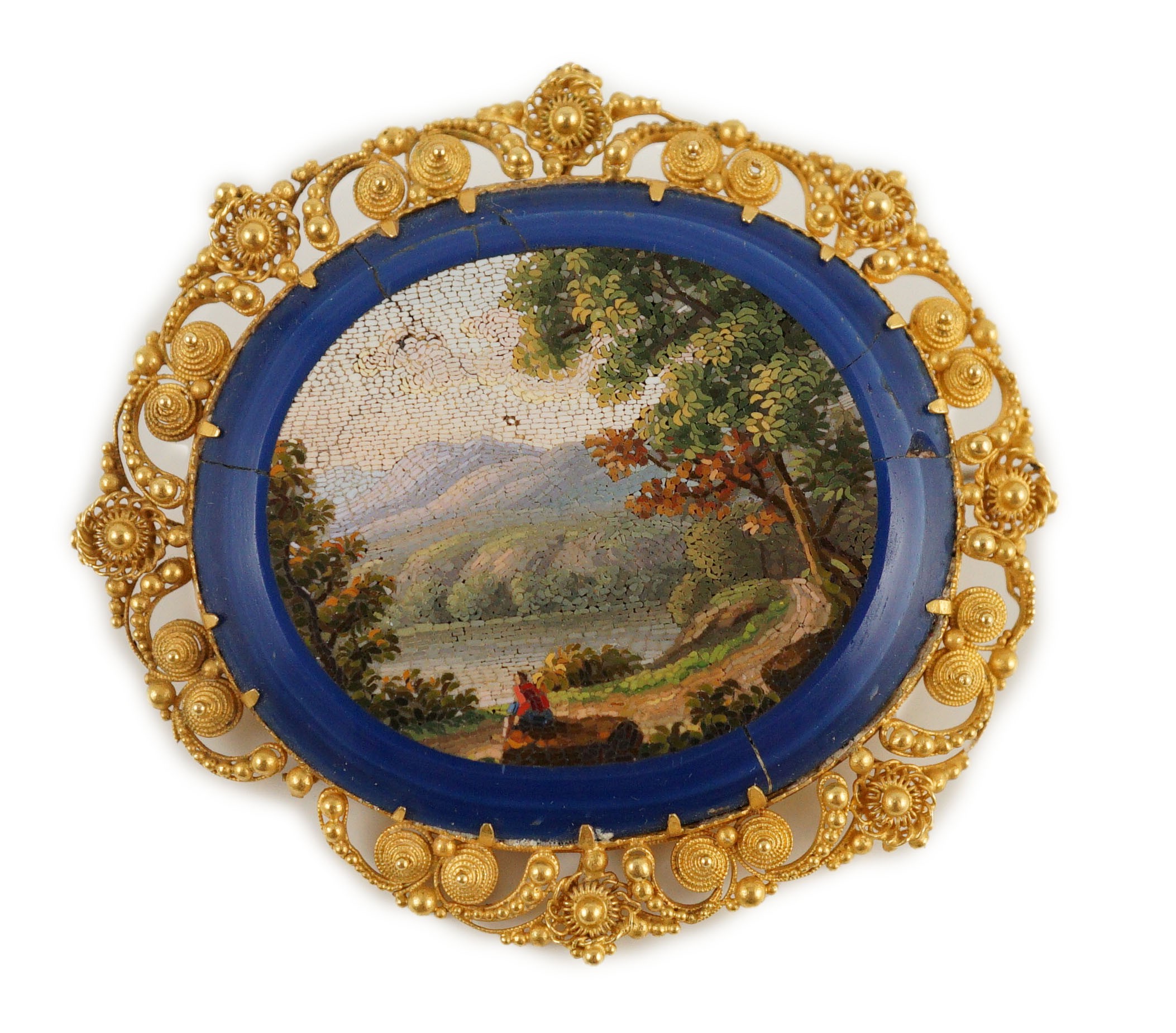 A 19th century Italian gold mounted micro-mosaic oval brooch